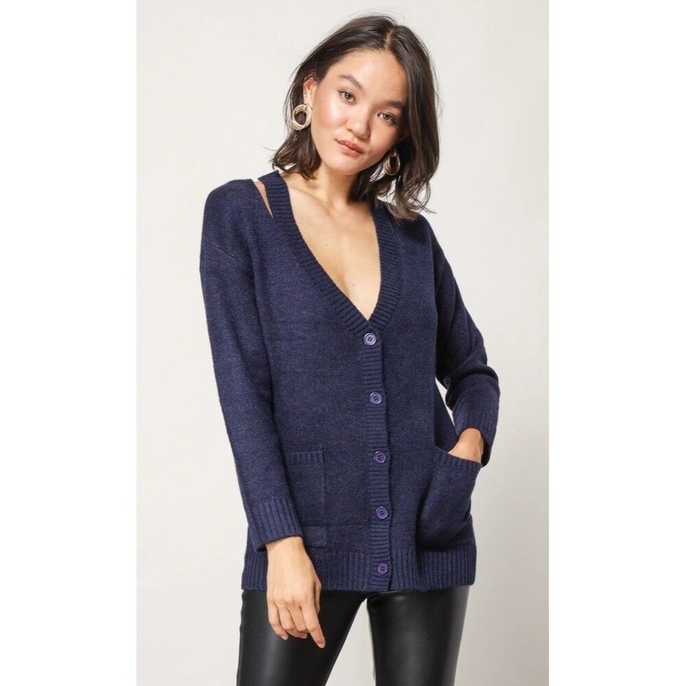line and dot Jemma Cardigan Cut Out Slits Buttons Pockets NWOT $109 Navy Medium‎